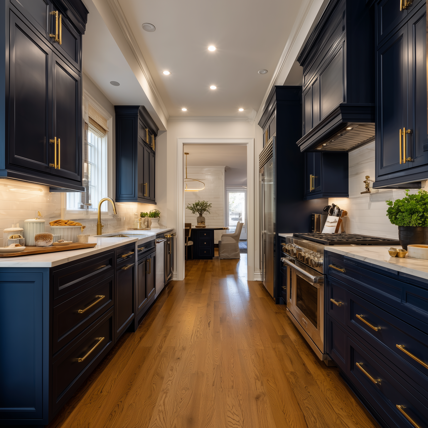 Professional navy blue cabinet refinishing results